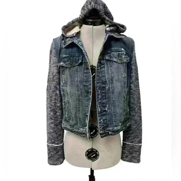 Free People Denim And Knit Hooded Grunge Western Jacket in  Indigo Blue Small - Picture 4 of 13